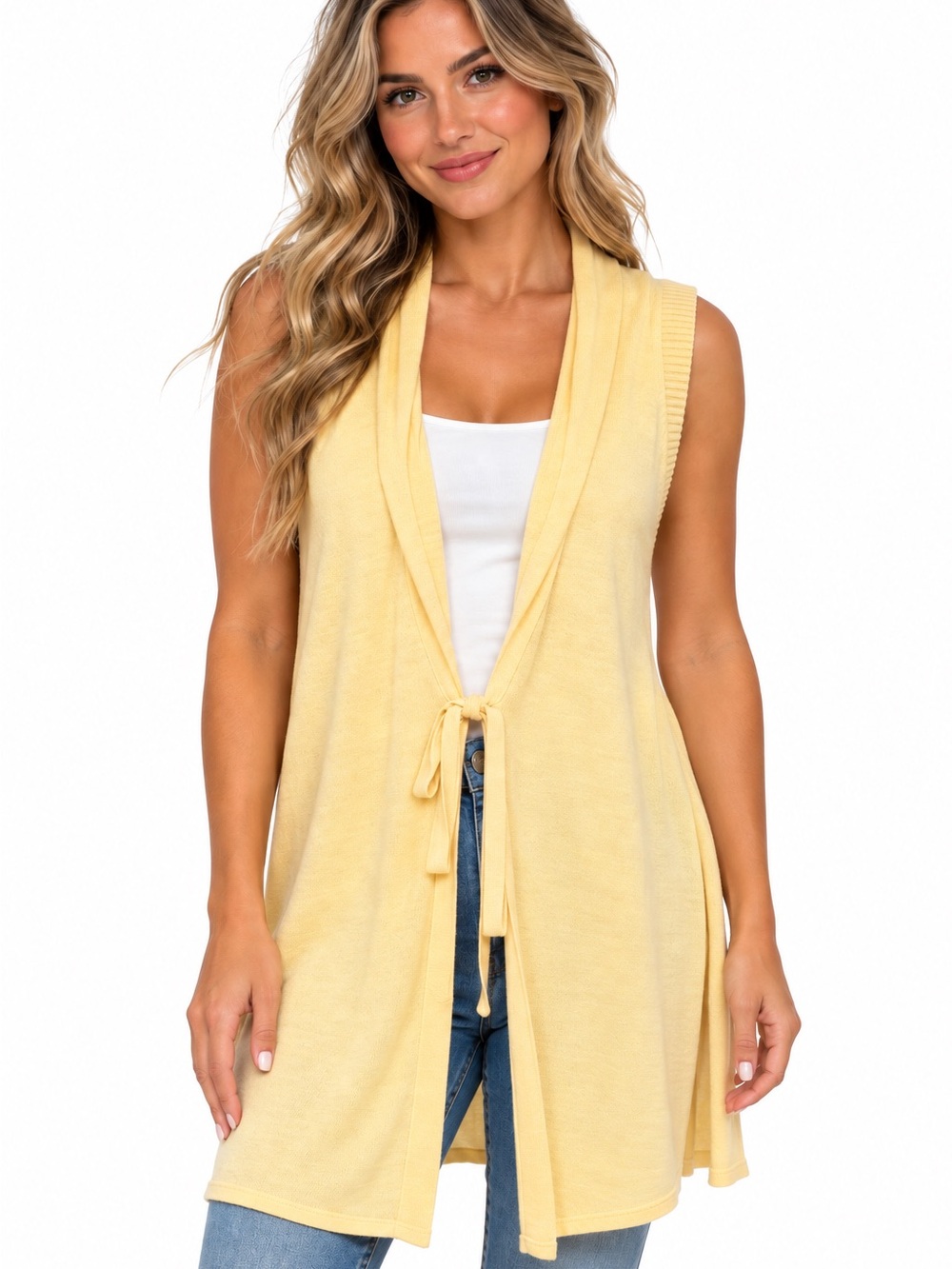 Sleeveless Tie-Front Knit Vest Cardigan in Pale Yellow